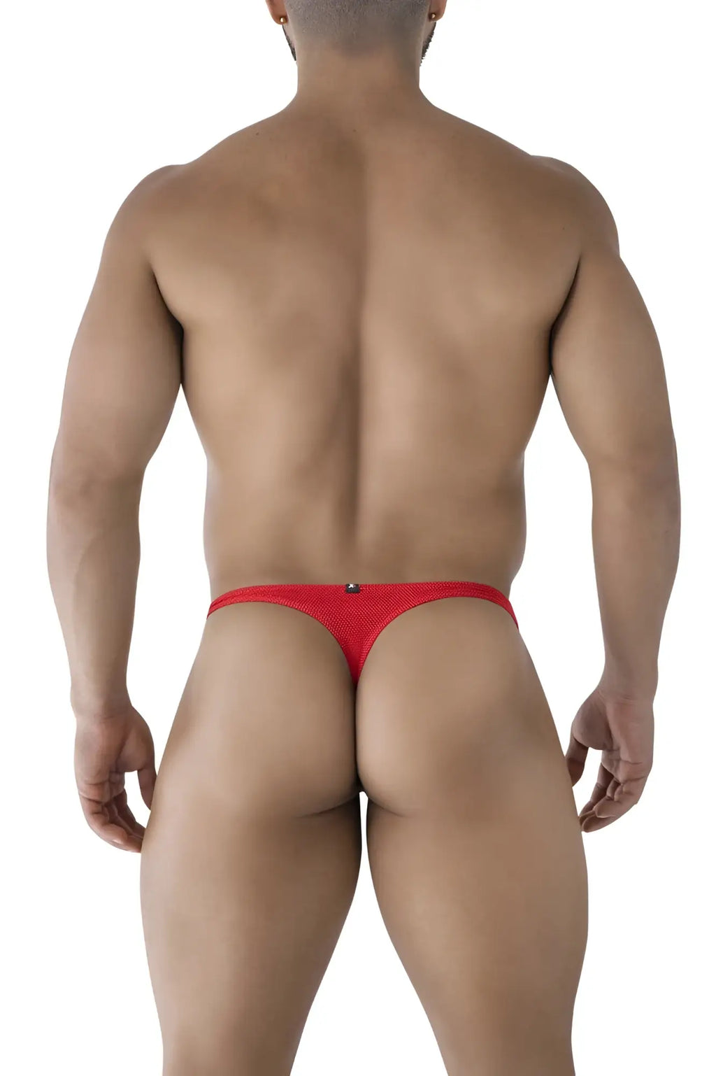 Back view of xtremen 91223 red microfiber thong featuring red mesh fabric and a small metallic clasp closure