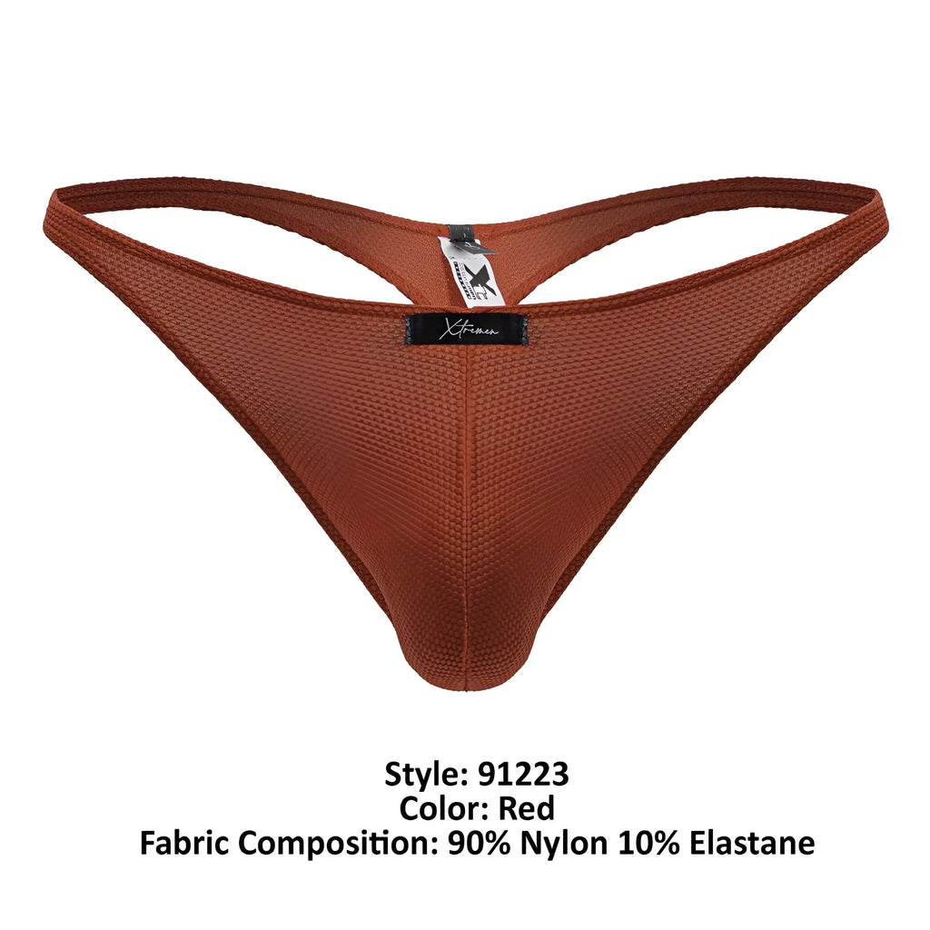 Red xtrmax microfiber thong in red featuring textured mesh fabric and supportive contoured design front view