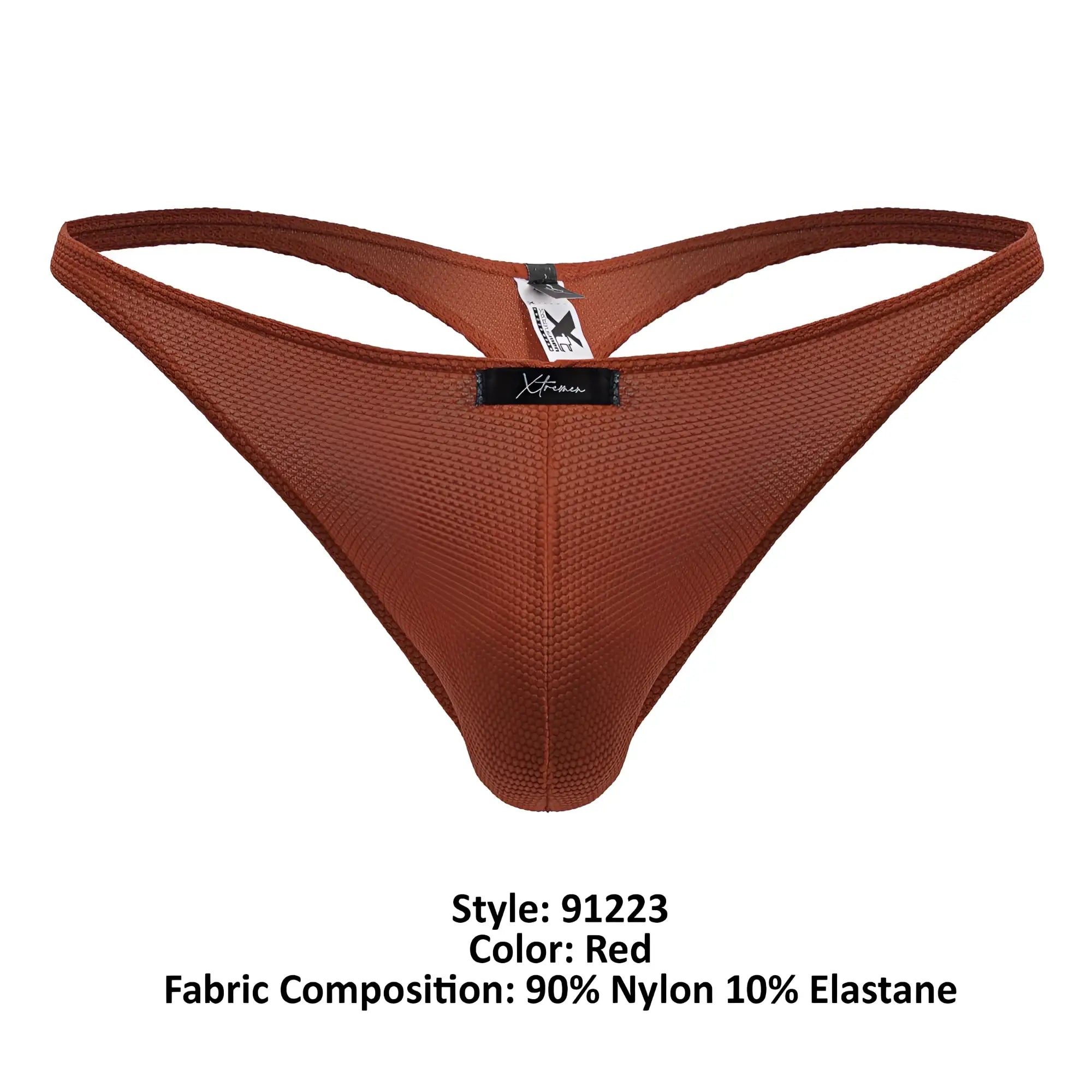 Red xtrmax microfiber thong in red featuring textured mesh fabric and supportive contoured design front view
