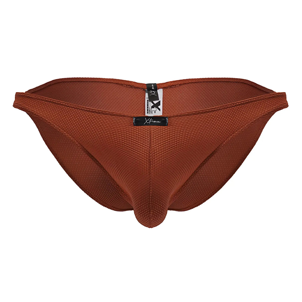 Brown textured mesh briefs with black and white brand tag at back for xtremen 91224 microfiber bikini red