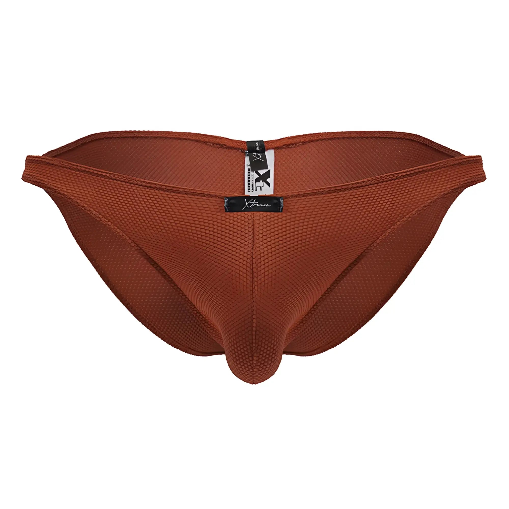 Brown textured mesh briefs with black and white brand tag at back for xtremen 91224 microfiber bikini red