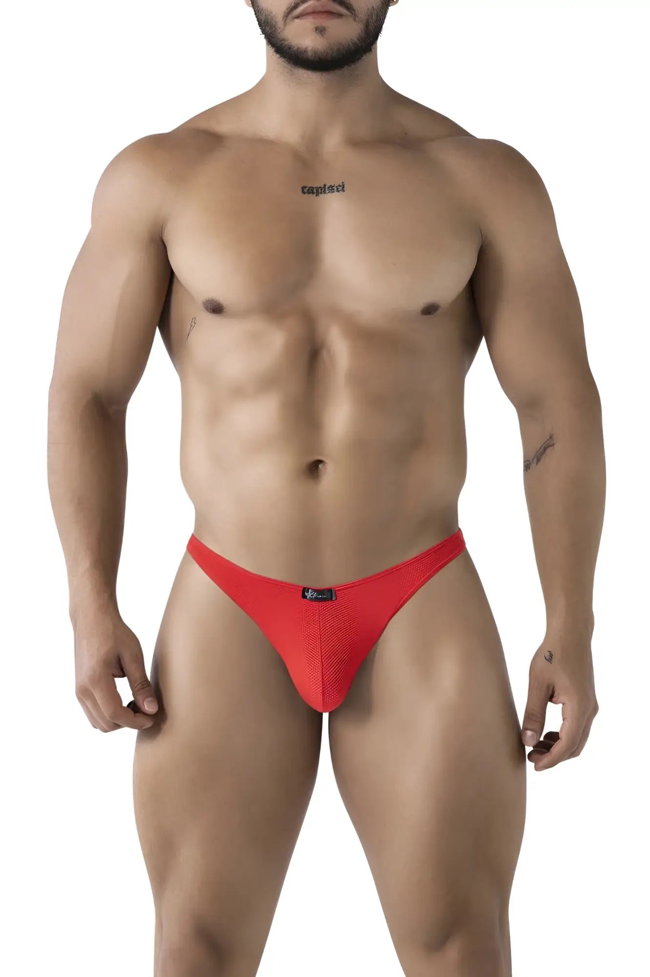 Red xtremen 91224 microfiber bikini briefs featuring mesh fabric and a small black logo on the front