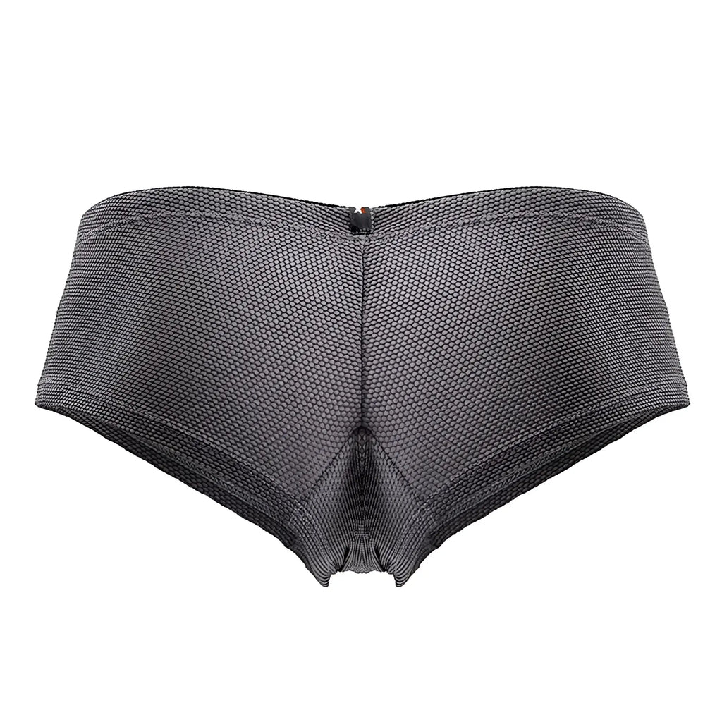 Dark gray xtremen 91225 microfiber trunks with a mesh pattern and central back zipper shown from the back side
