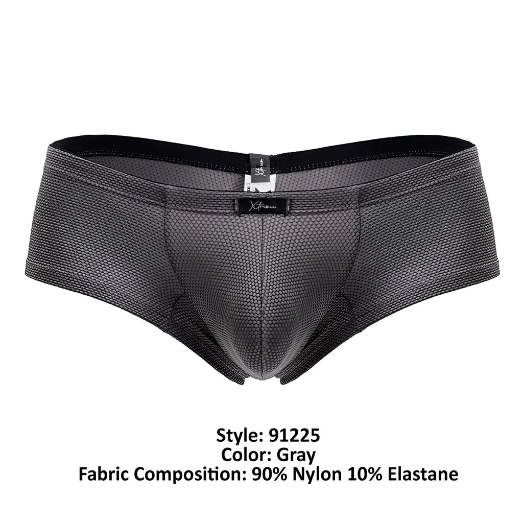 Gray xtremen 91225 microfiber trunks with gray mesh briefs, black elastic waistband, textured pattern, and branded label