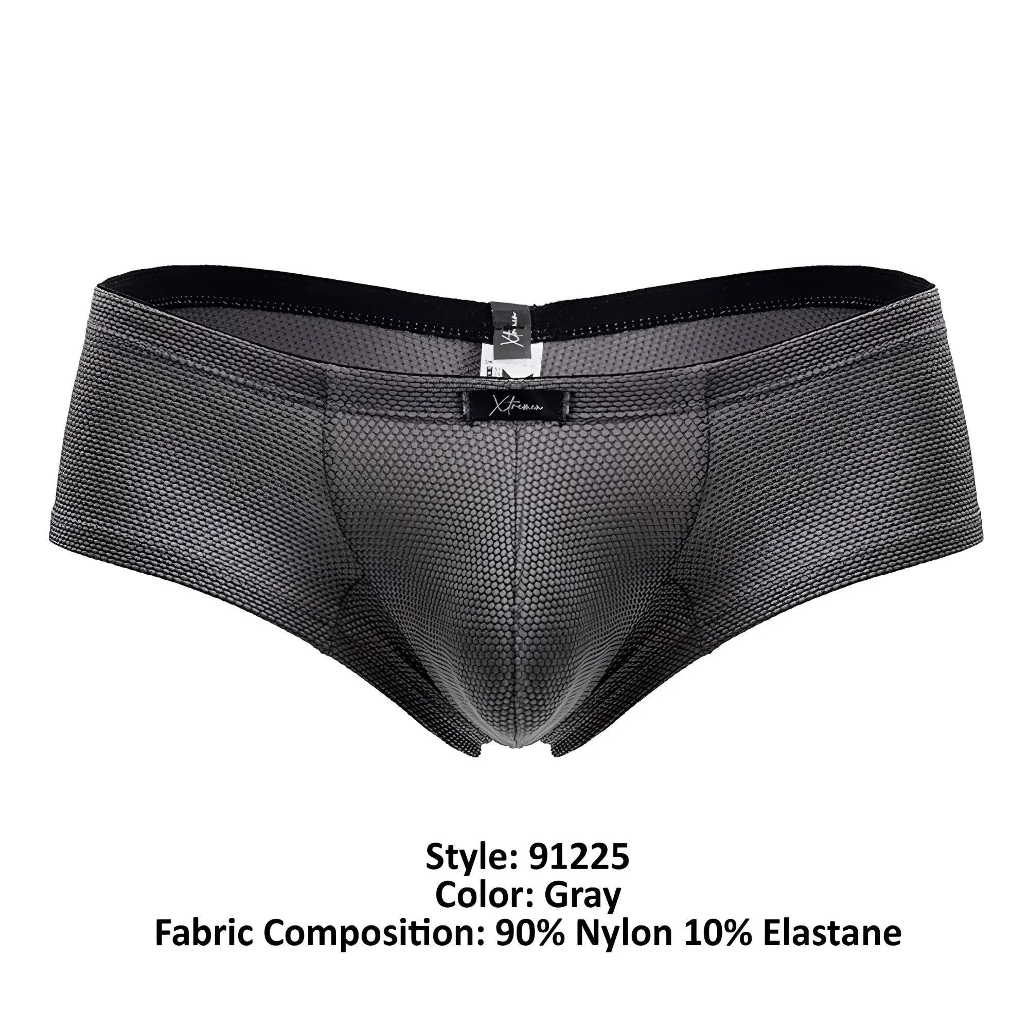 Gray xtremen 91225 microfiber trunks with gray mesh briefs, black elastic waistband, textured pattern, and branded label
