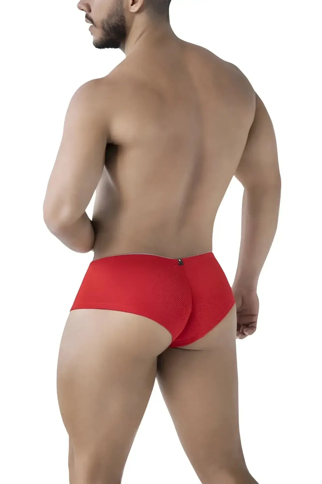 Back view of xtremen 91225 microfiber red textured briefs with a small black button detail