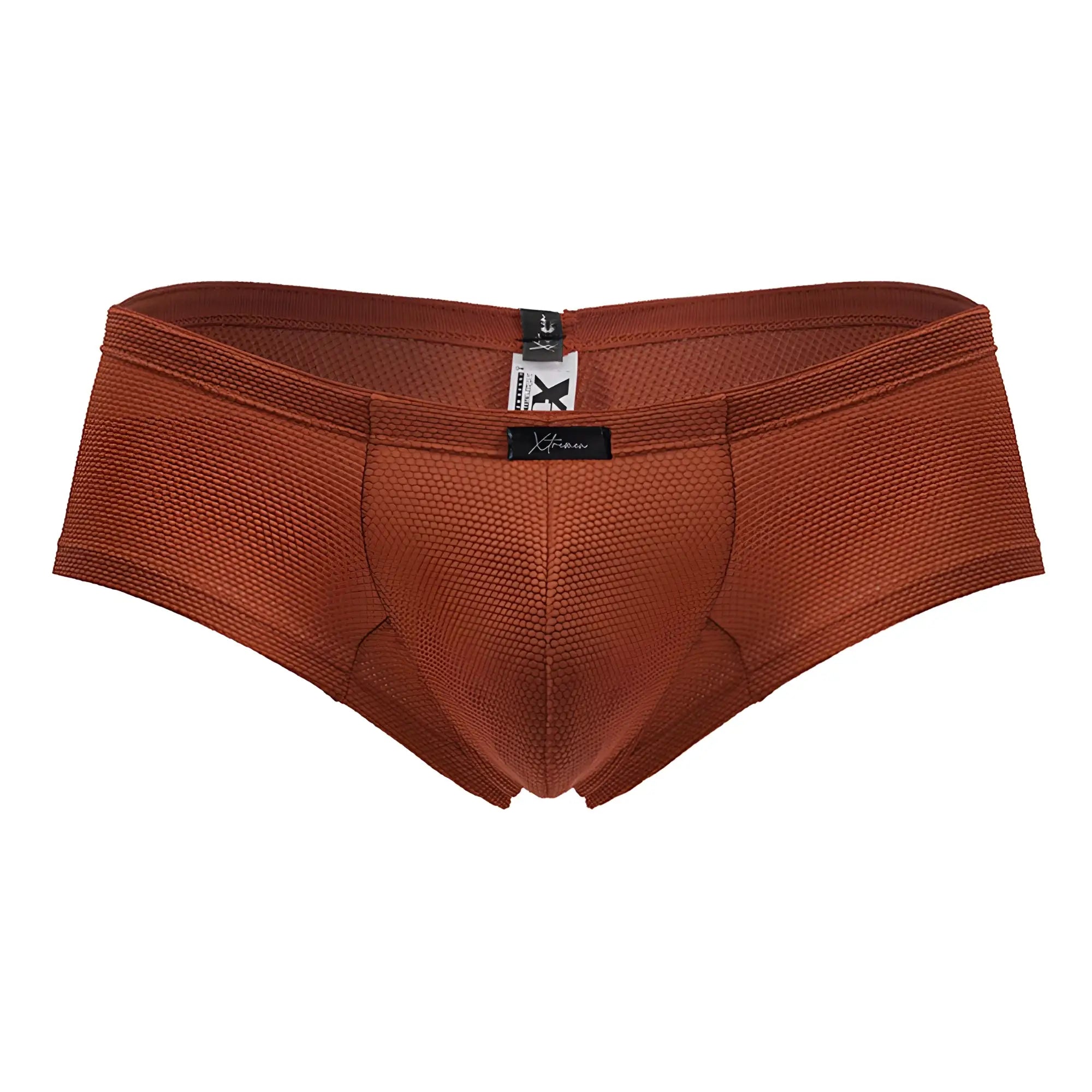 Rust-colored xtremen 91225 microfiber mesh briefs with black brand tag at waistband for comfortable wear