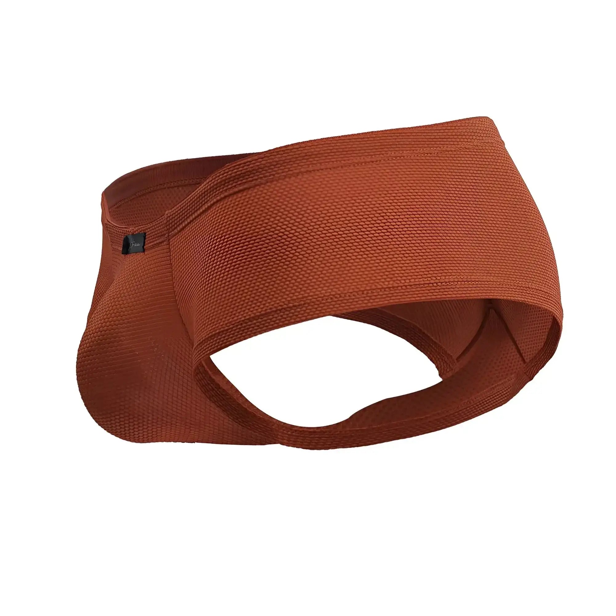 A rust-colored textured fabric headband with a snug fit and elasticated edges for comfortable wear