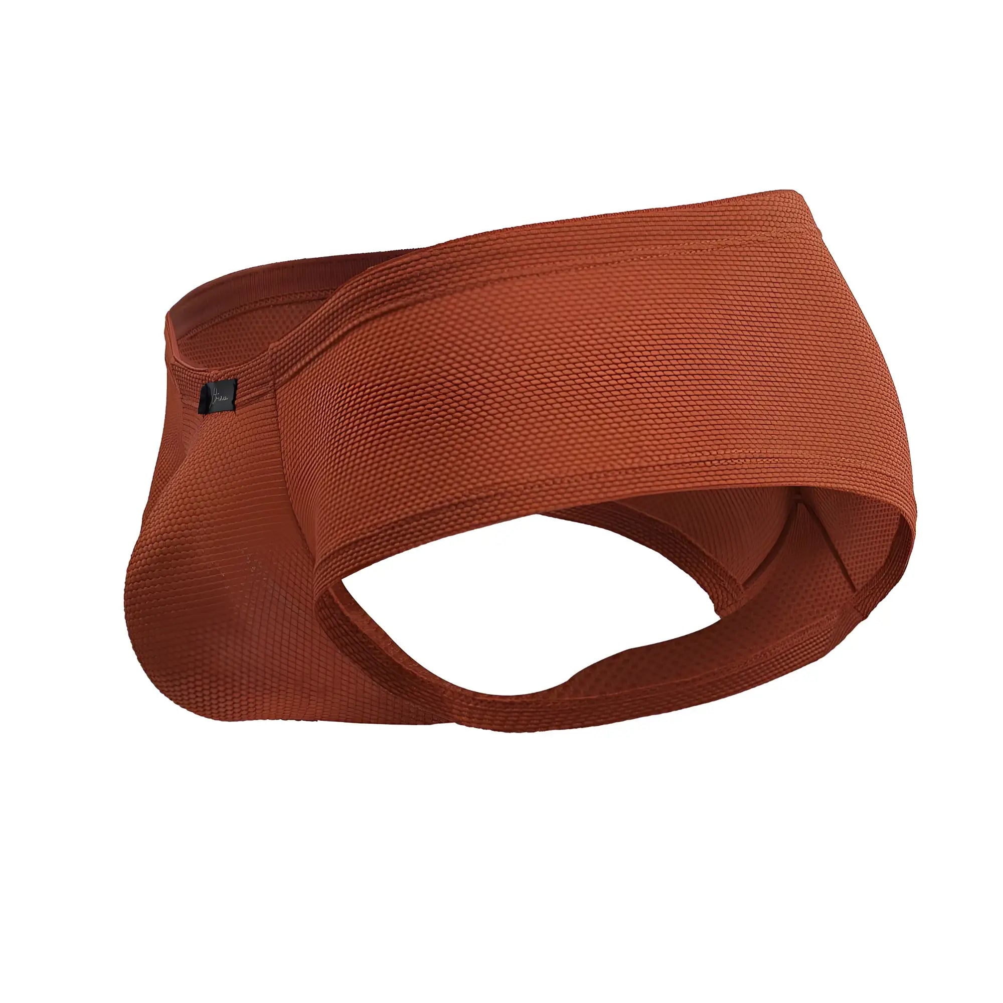 A rust-colored textured fabric headband with a snug fit and elasticated edges for comfortable wear