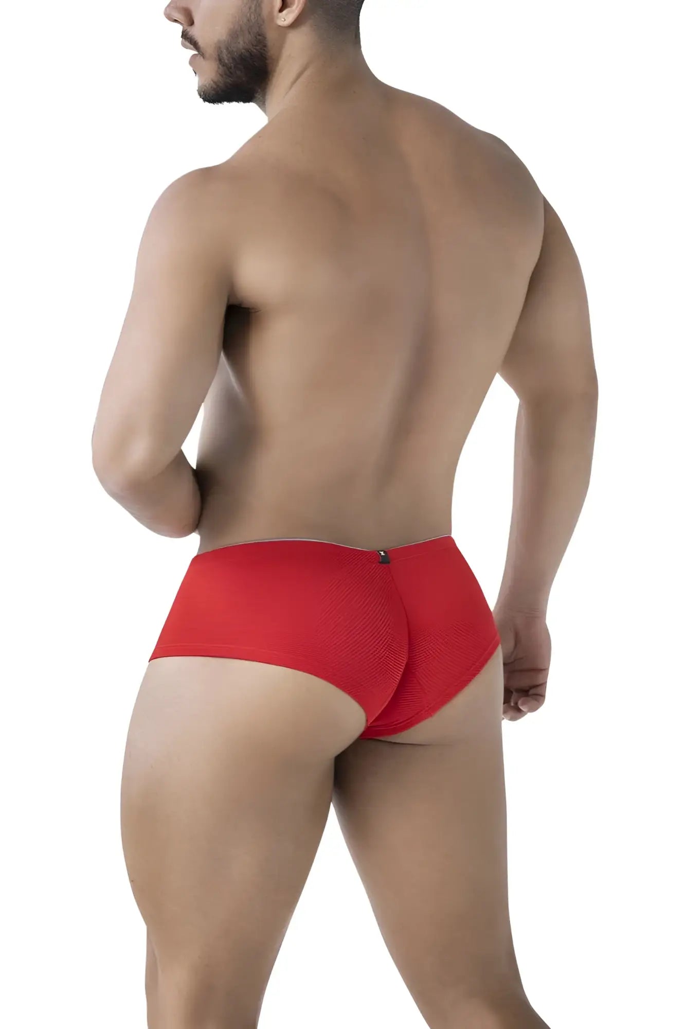 Back view of xtremen 91225 microfiber red textured briefs with a small black button detail