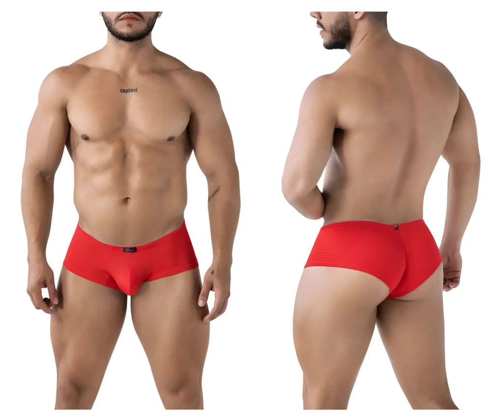 Xtremen 91225 red microfiber men’s briefs with textured fabric, snug fit, and black brand tag on the waistband