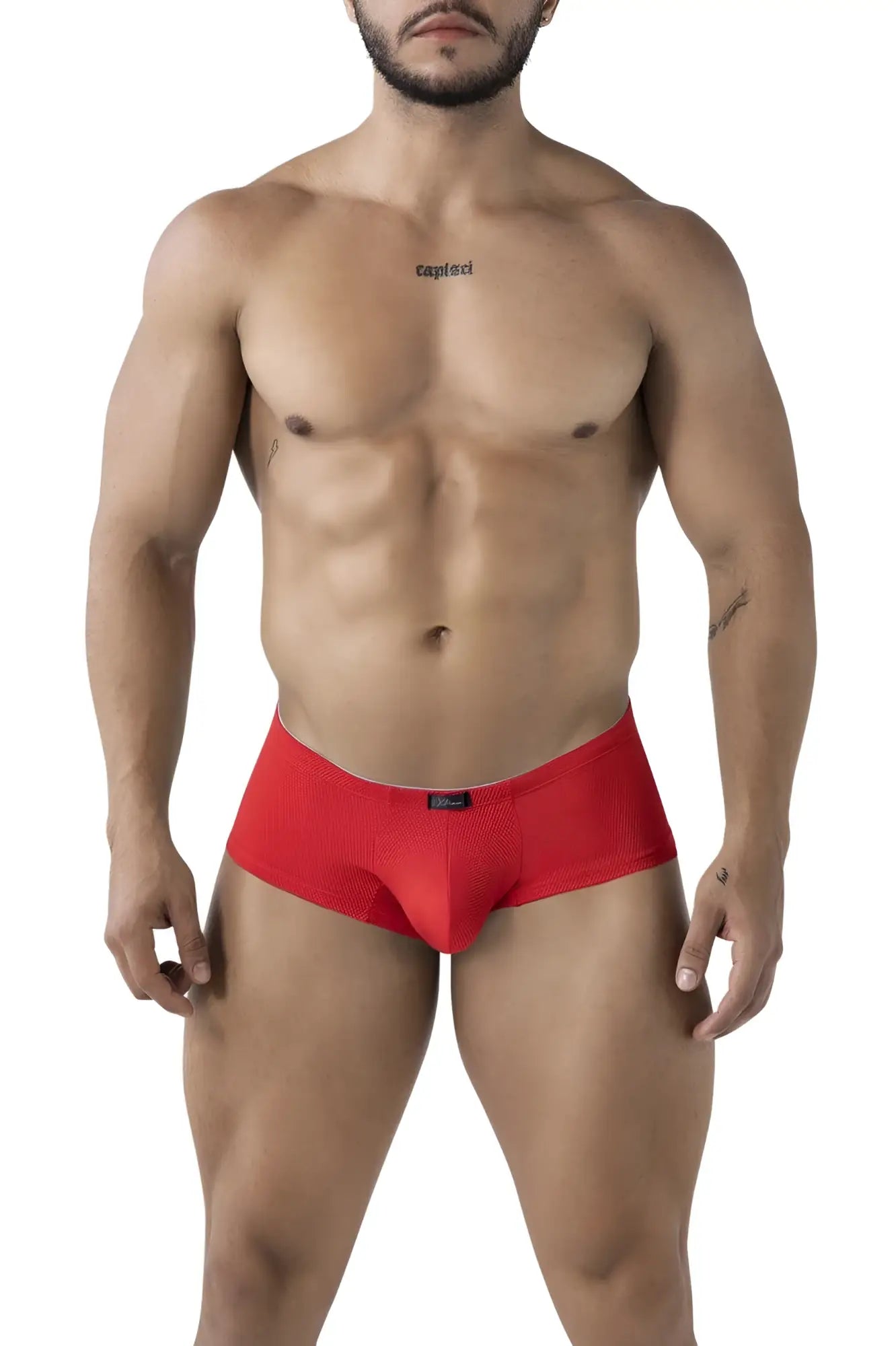 Red xtremen 91225 microfiber men’s briefs with textured pattern and brand tag at waistband