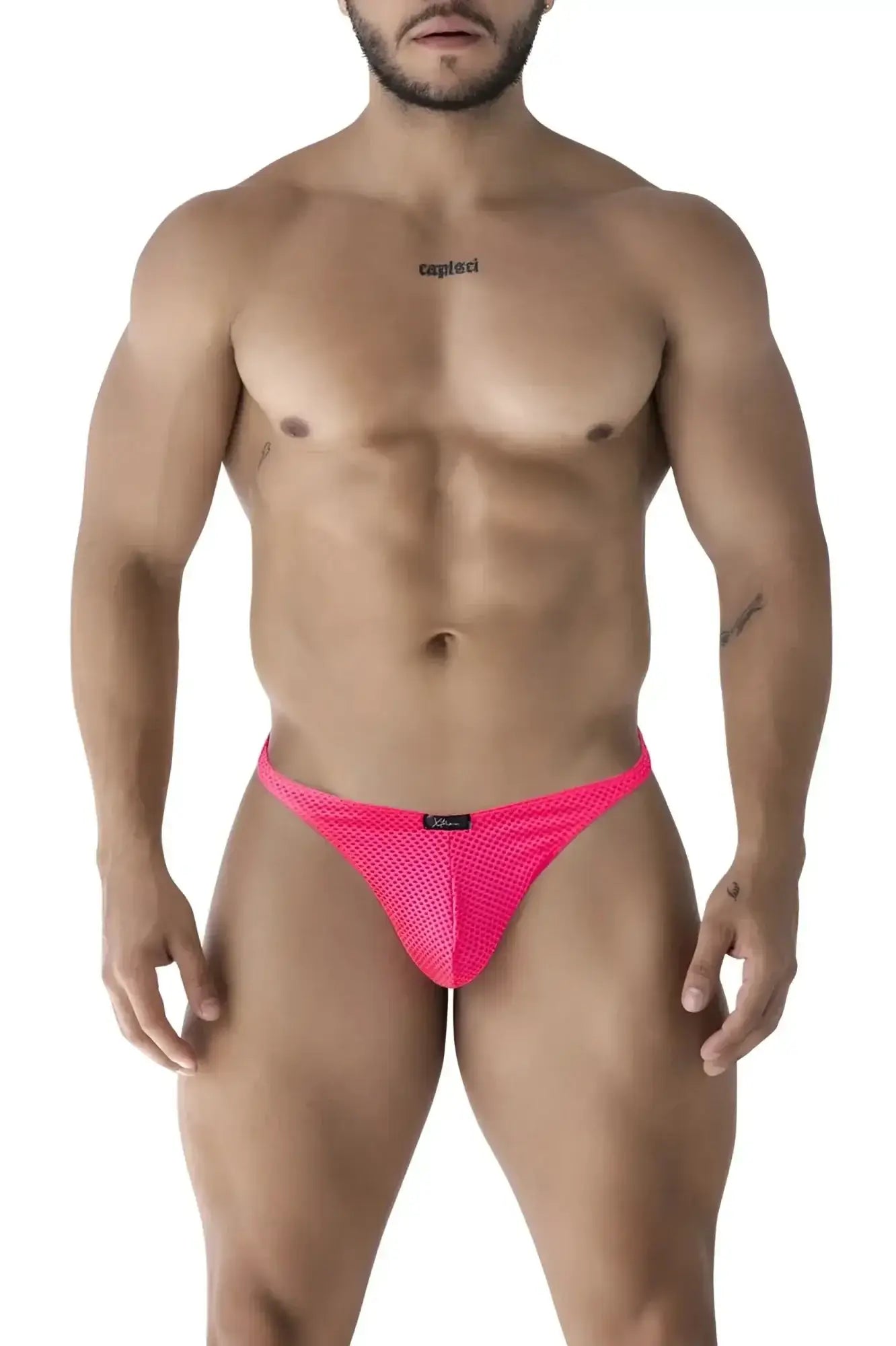 Xtremen 91226 microfiber thongs in fuchsia bright pink mesh briefs with a snug form-fitting design front view
