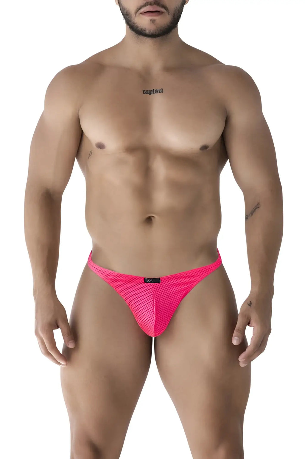 Xtremen 91226 microfiber thongs in fuchsia bright pink mesh briefs with a snug form-fitting design front view