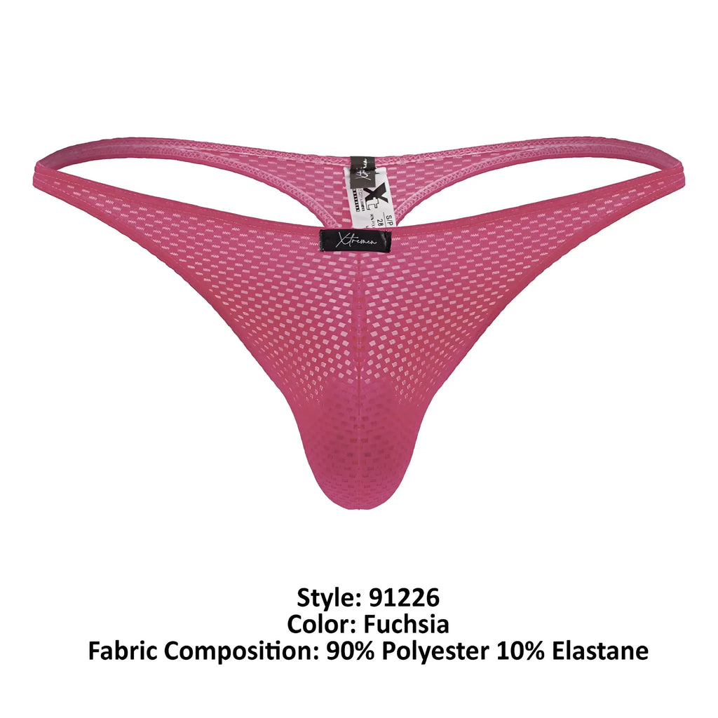 Back side of Xtremen 91226 microfiber thong in fuchsia mesh with supportive form-fitting design and branded tag