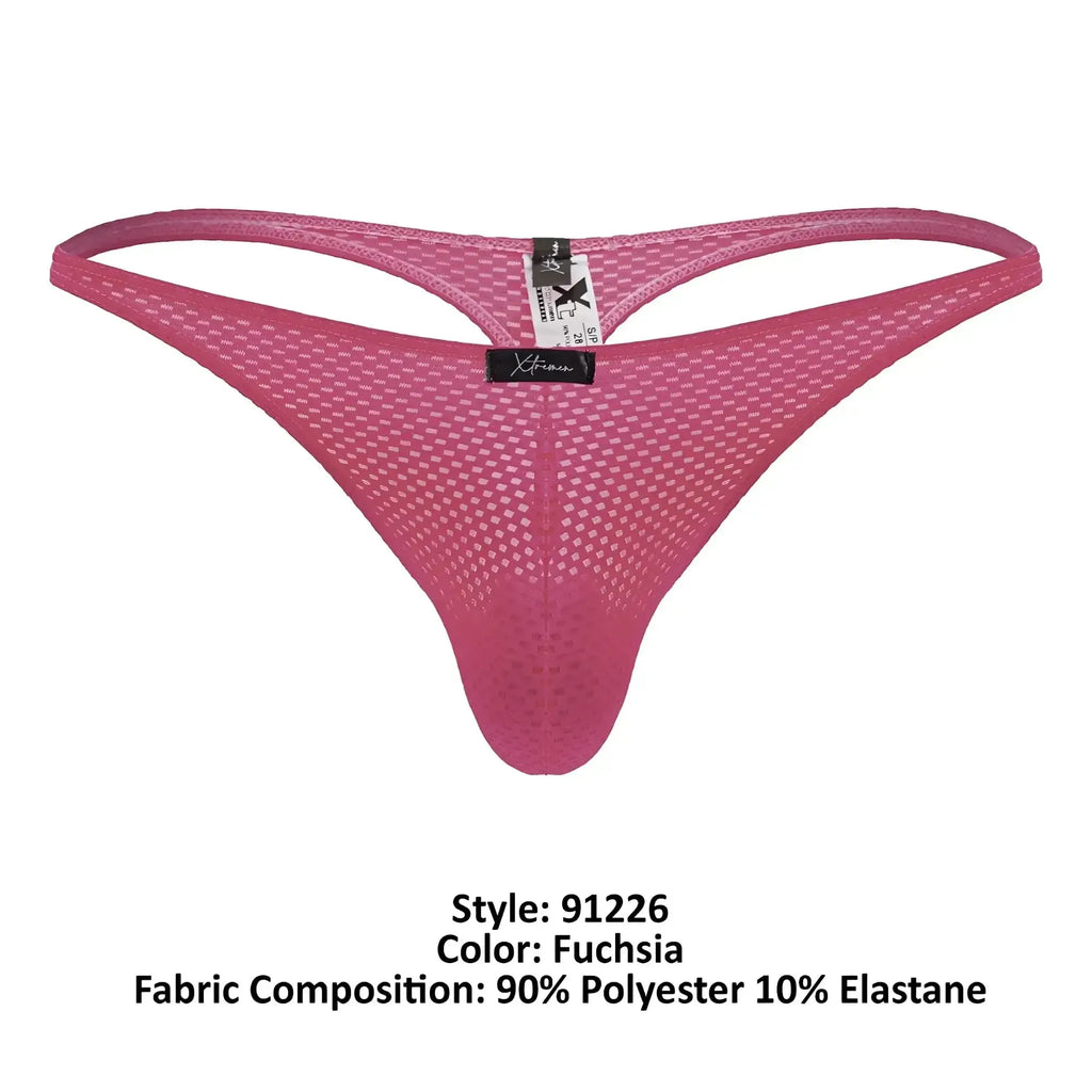 Back side of Xtremen 91226 microfiber thong in fuchsia mesh with supportive form-fitting design and branded tag