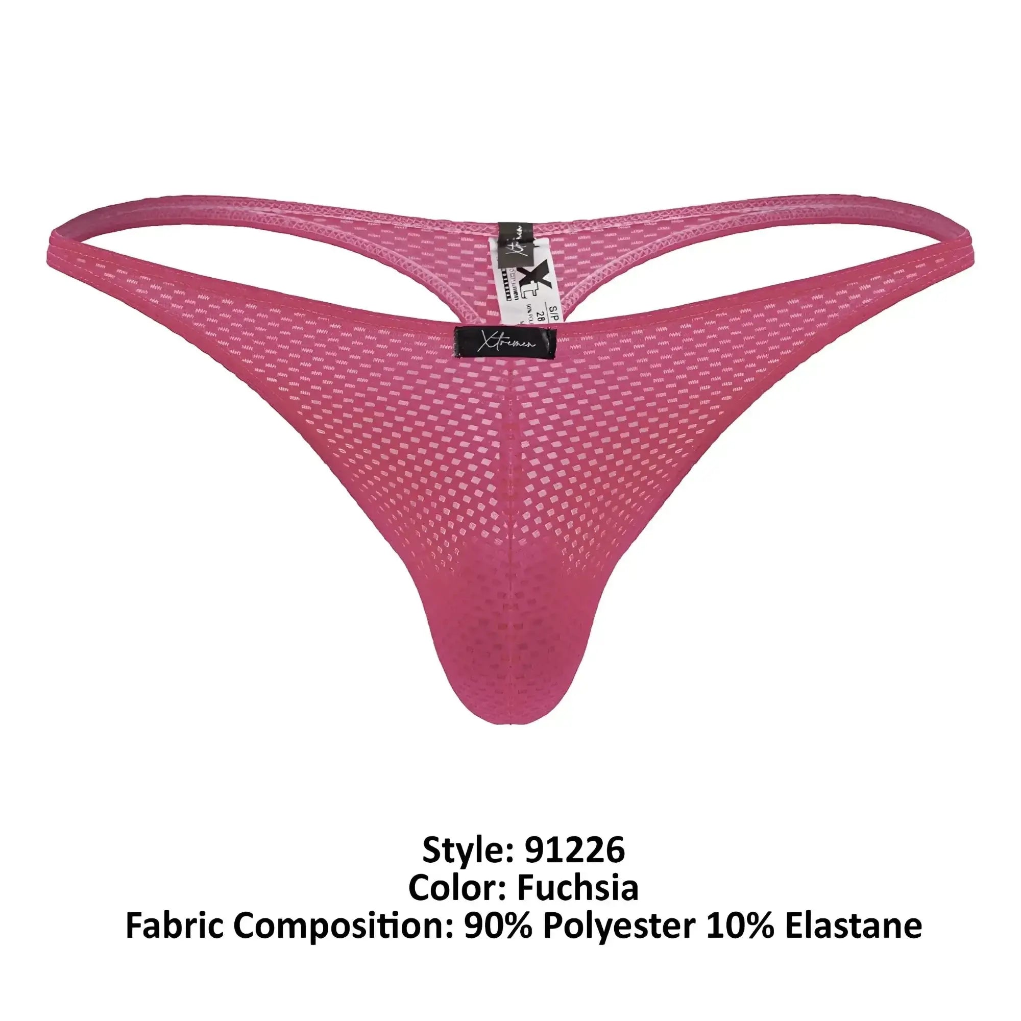 Back side of Xtremen 91226 microfiber thong in fuchsia mesh with supportive form-fitting design and branded tag