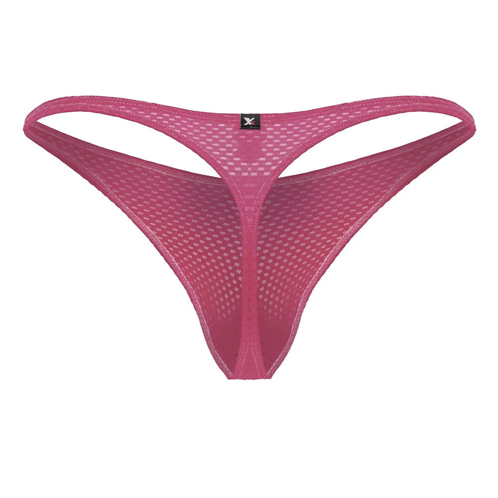 Xtremen 91226 microfiber thong in fuchsia showing the back with pink mesh and textured pattern with brand tag