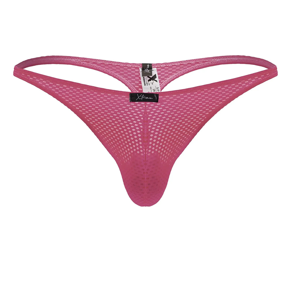 A vibrant pink fuchsia xtremen 91226 microfiber thong with supportive contoured mesh design shown from the back