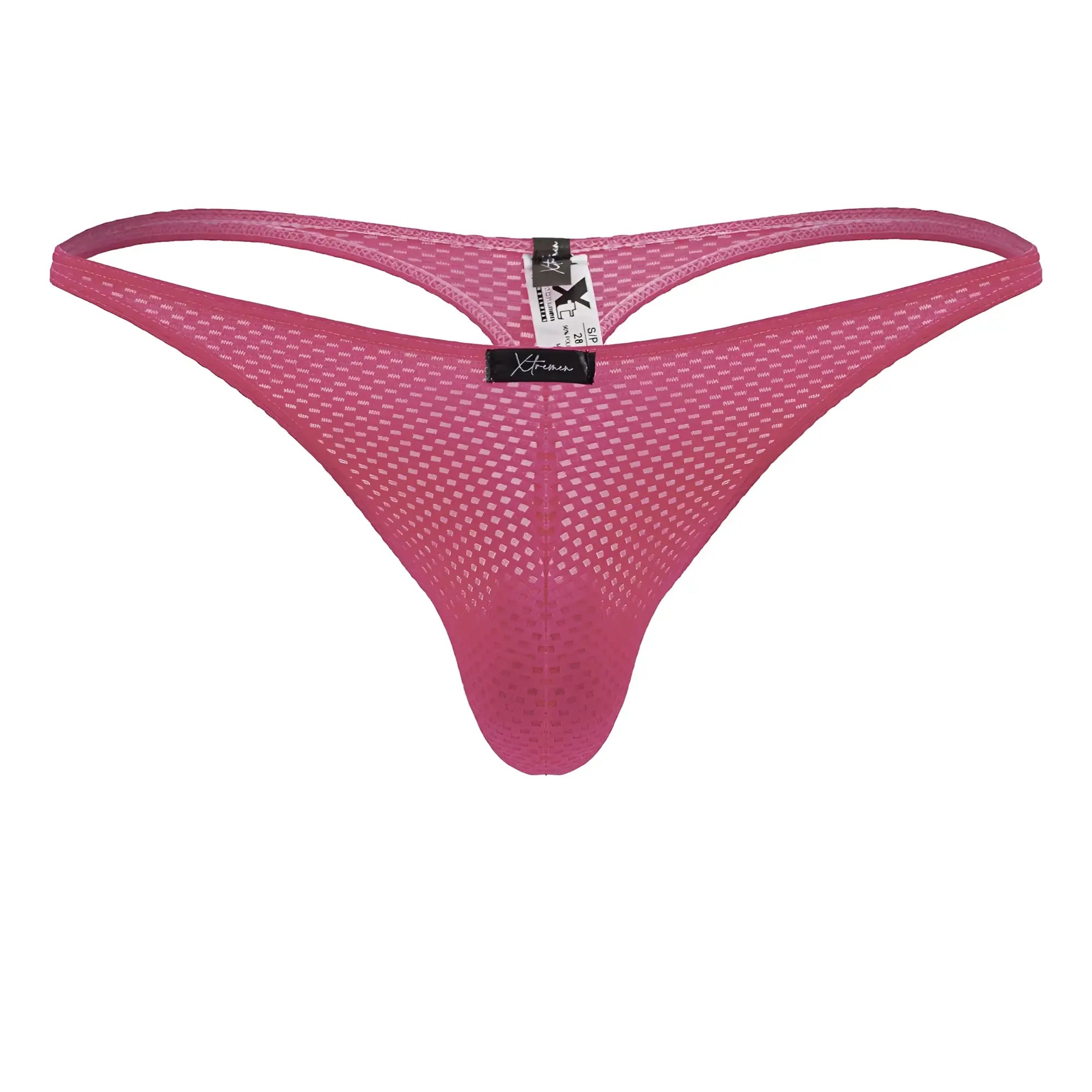 A vibrant pink fuchsia xtremen 91226 microfiber thong with supportive contoured mesh design shown from the back