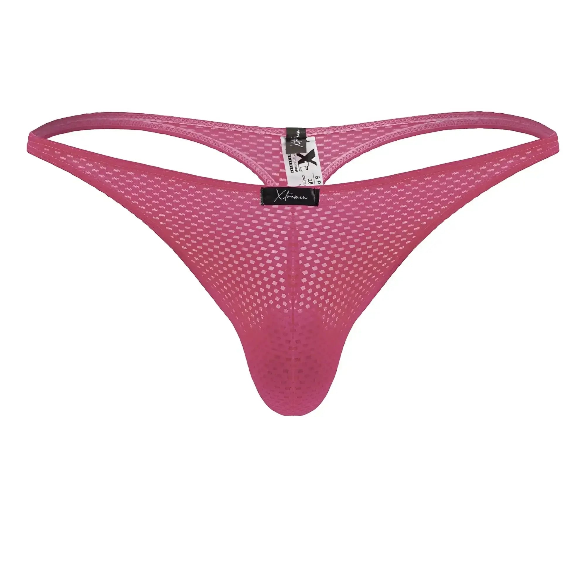 A vibrant pink fuchsia xtremen 91226 microfiber thong with supportive contoured mesh design shown from the back