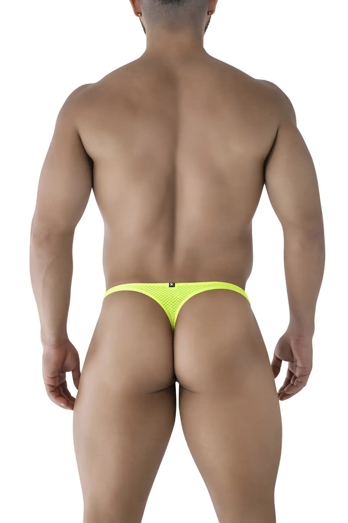 Bright neon yellow microfiber mesh thong with subtle black logo on the backband showing the back side
