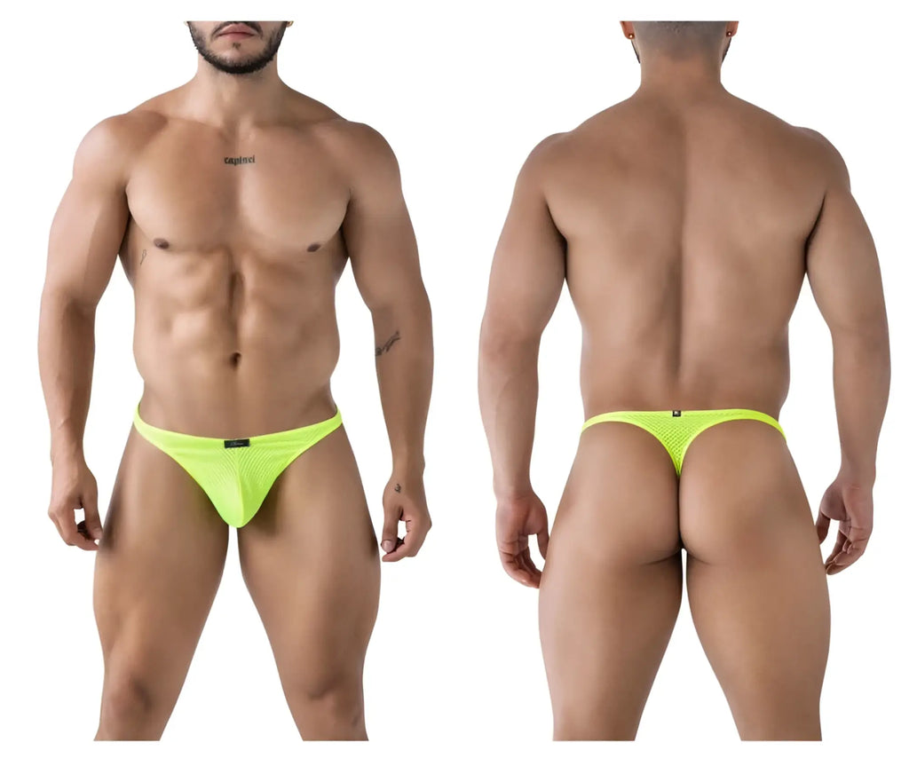Bright neon yellow mesh microfiber thong with small black Xtremen brand tag at the front