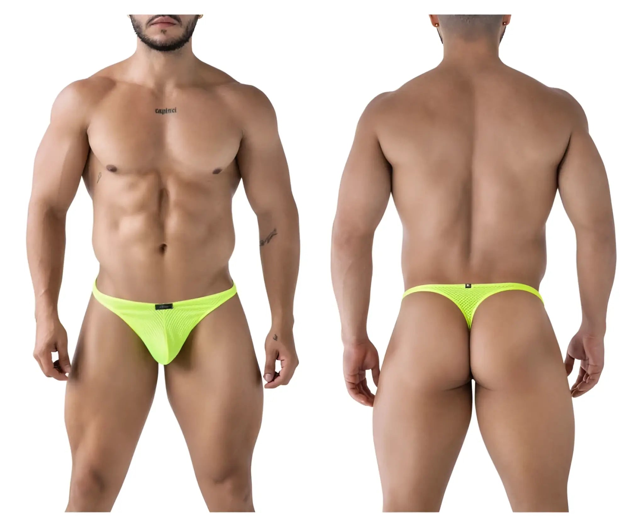 Bright neon yellow mesh microfiber thong with small black Xtremen brand tag at the front