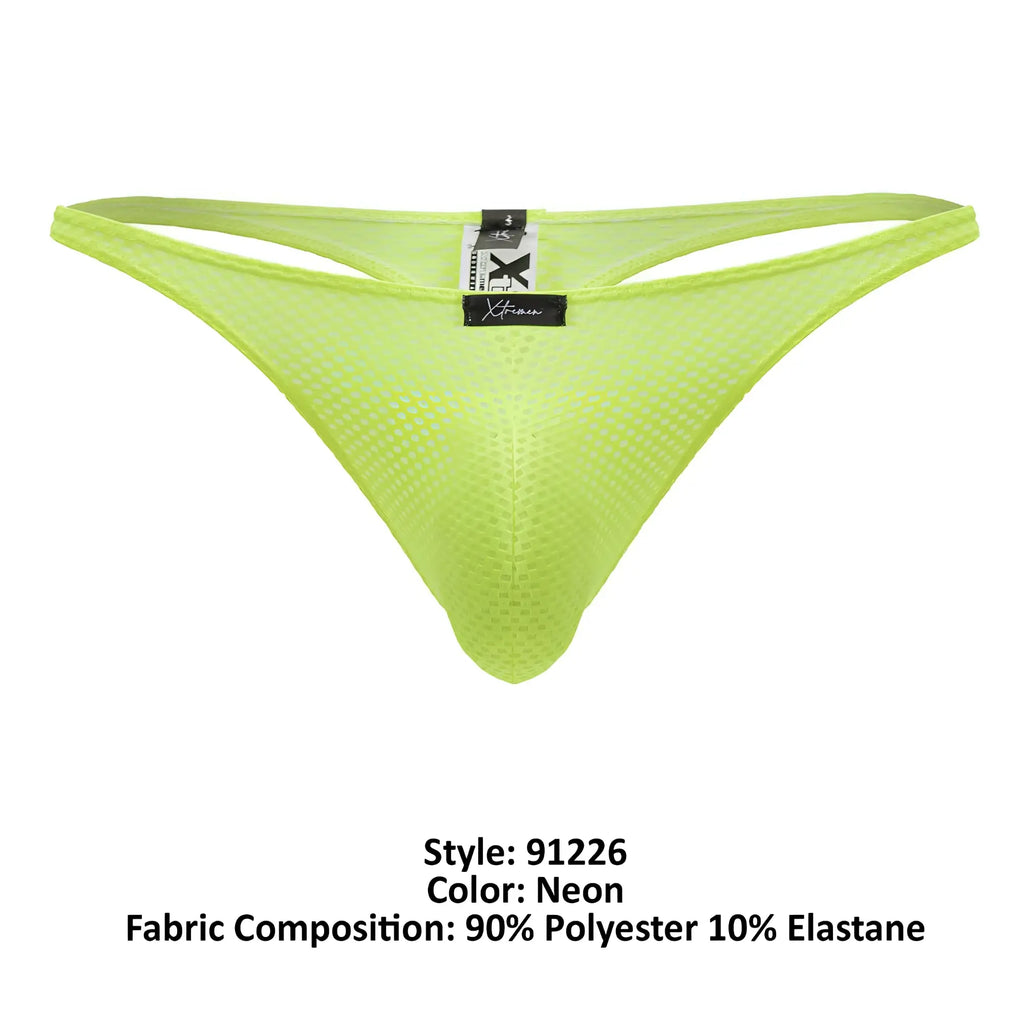 Neon green Xtremen 91226 microfiber mesh thong showing the back with a black brand tag