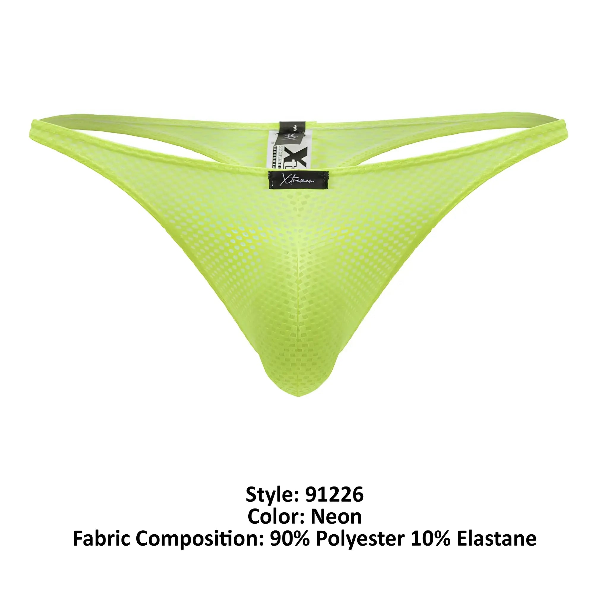 Neon green Xtremen 91226 microfiber mesh thong showing the back with a black brand tag