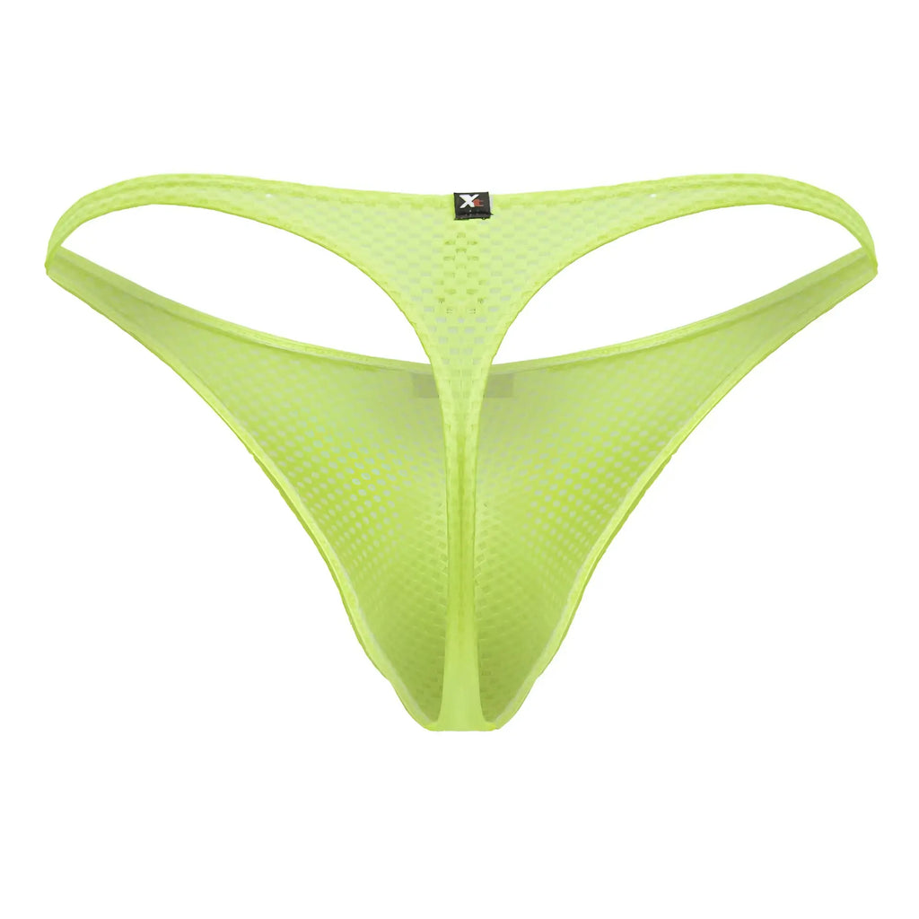 Neon green xtremen 91226 microfiber thong backside with thin supportive mesh design and small black brand tag
