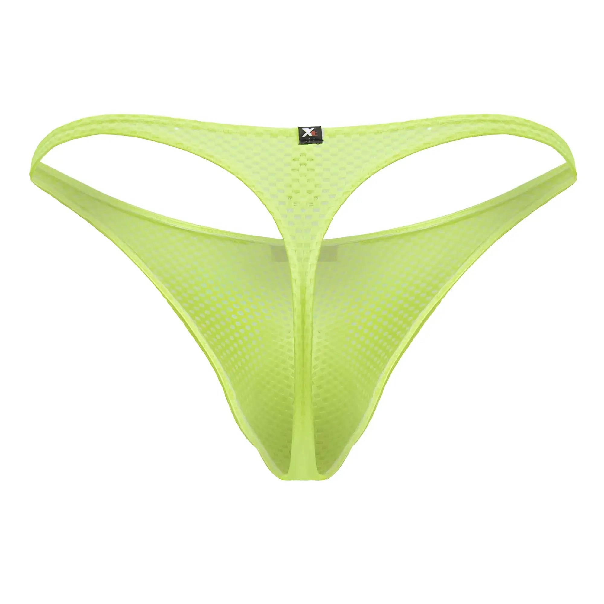 Neon green xtremen 91226 microfiber thong backside with thin supportive mesh design and small black brand tag