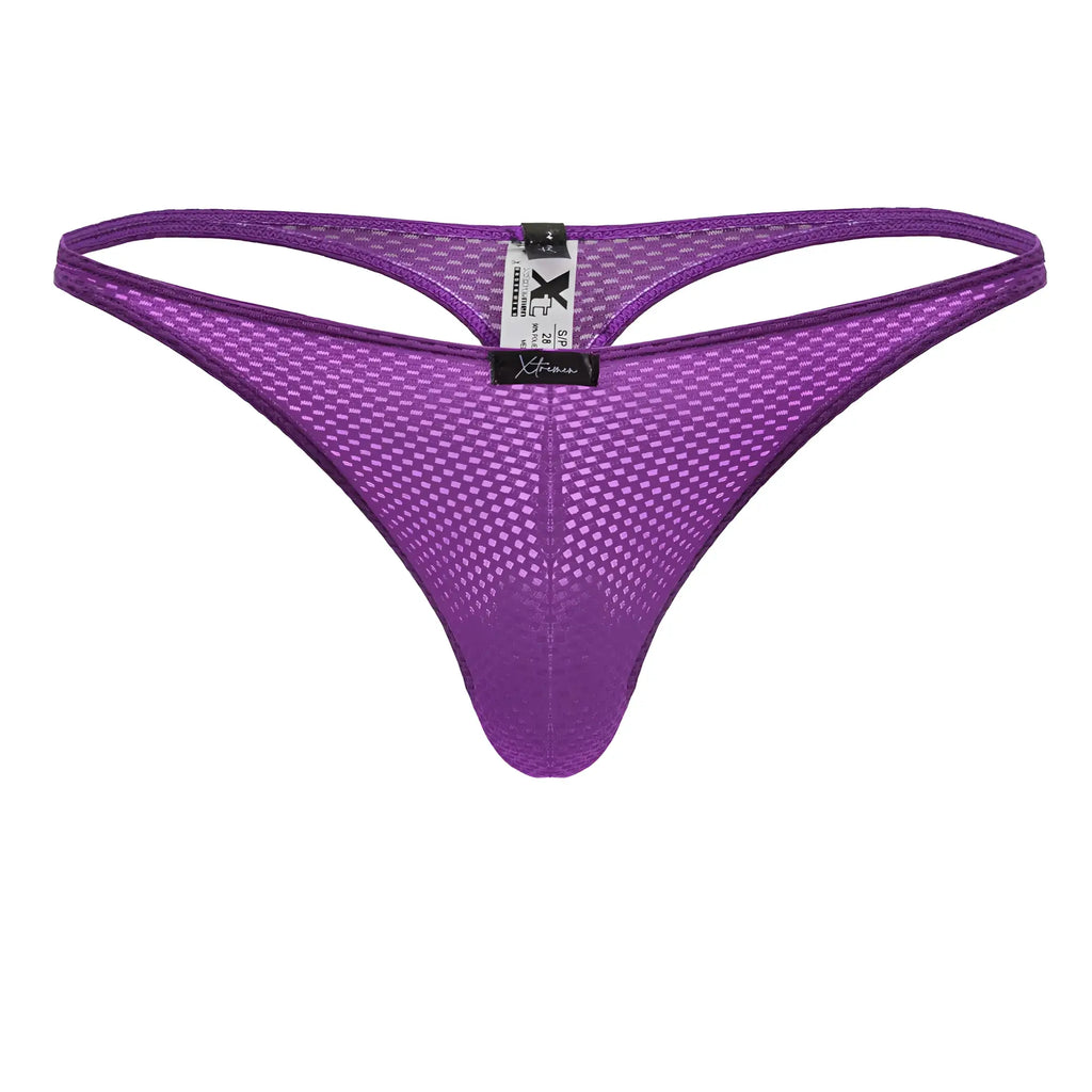 Purple xtremen 91226 microfiber thong with diamond-patterned mesh design and black brand tag visible on the front side