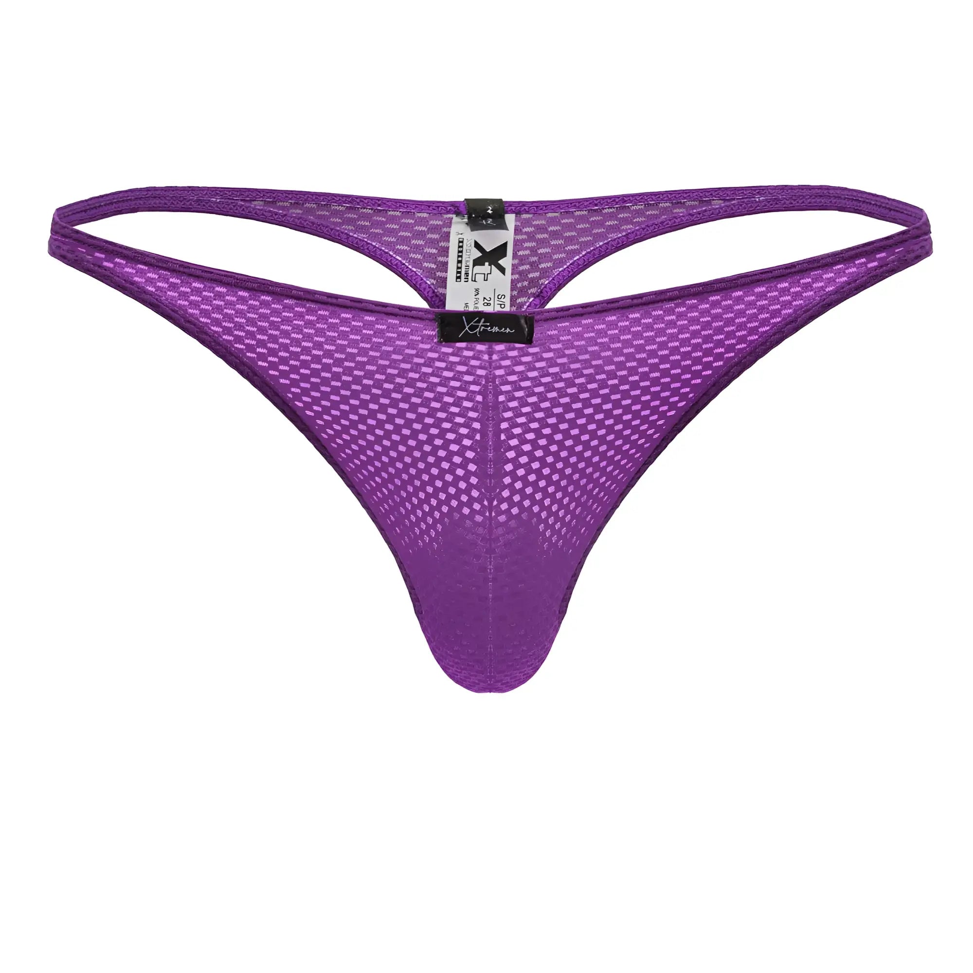 Purple xtremen 91226 microfiber thong with diamond-patterned mesh design and black brand tag visible on the front side