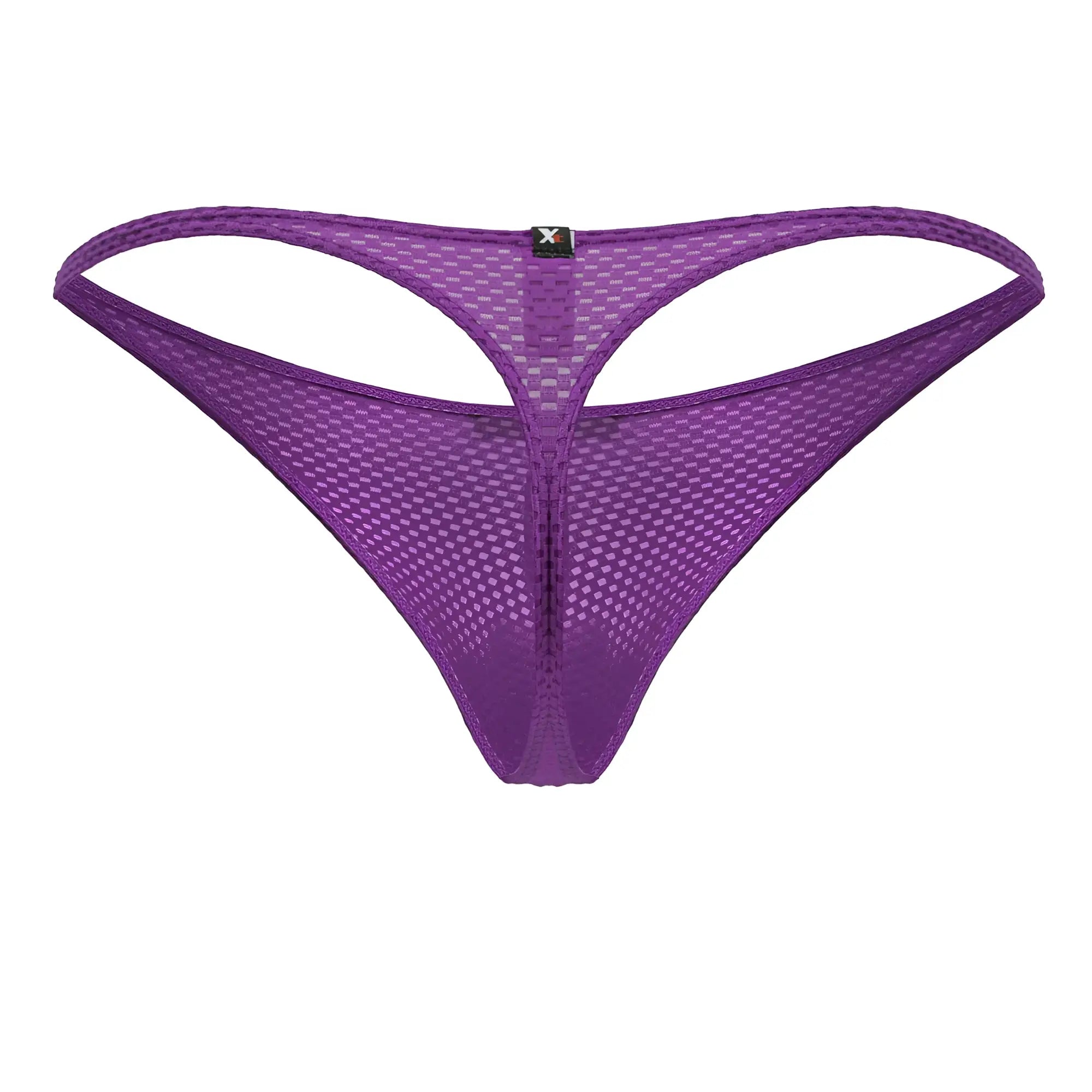 Purple xtremen 91226 microfiber thong with a distinctive mesh grid pattern and thin supportive straps shown from the back