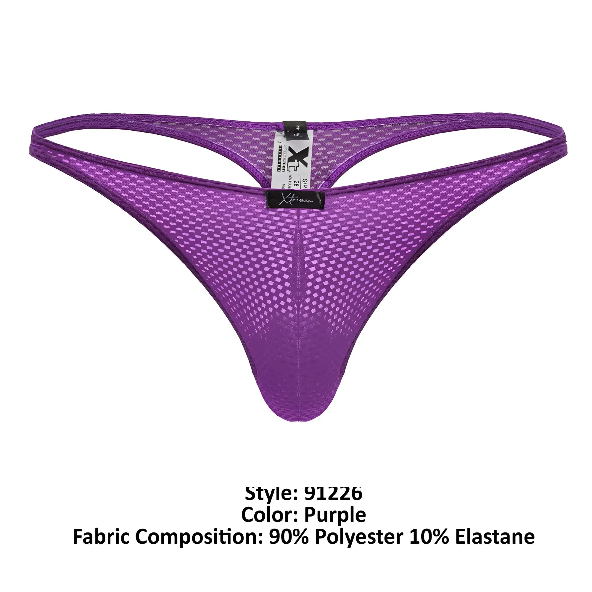 Purple xtremen 91226 microfiber thong featuring a mesh grid pattern and elastic waistband