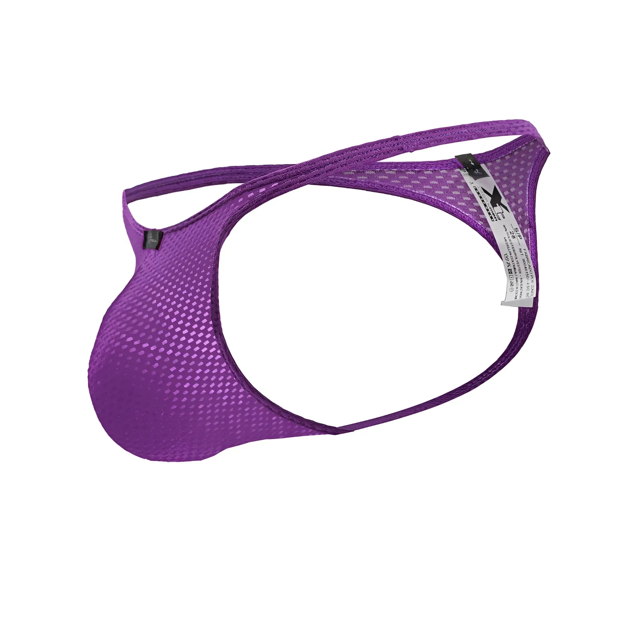 Purple xtremen 91226 microfiber thong with mesh fabric, contoured support, and reinforced edges shown from the back side