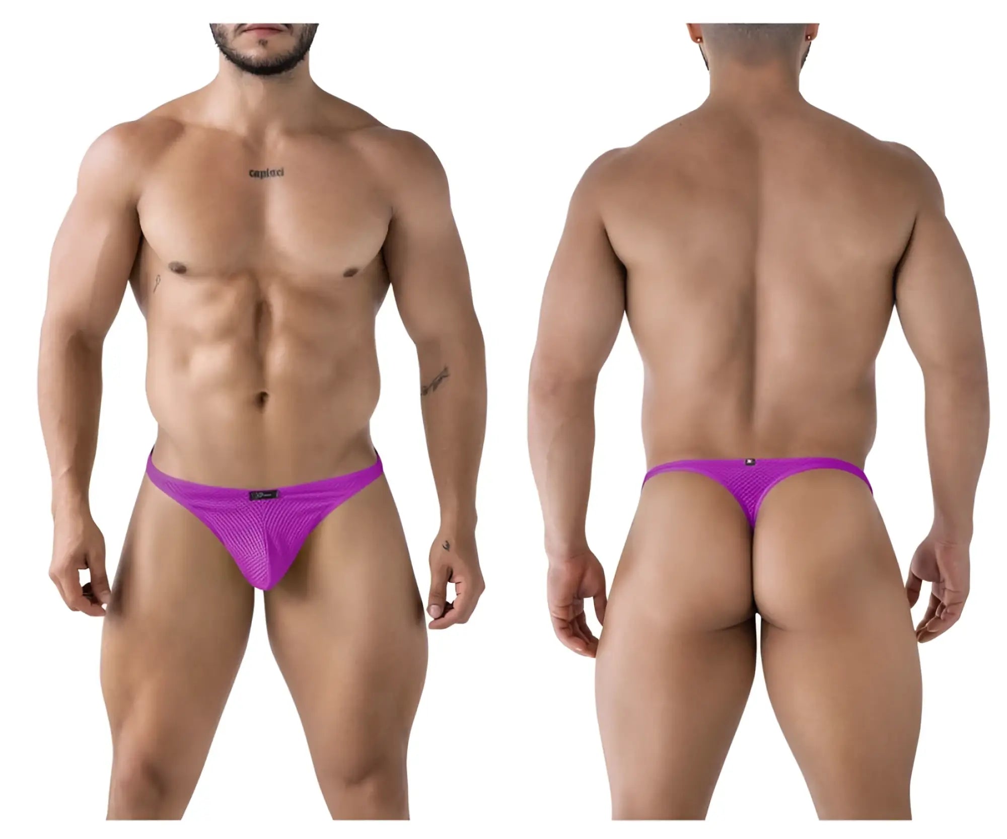 Vibrant purple xtremen 91226 microfiber thong with sleek form fitting mesh design shown from the back side