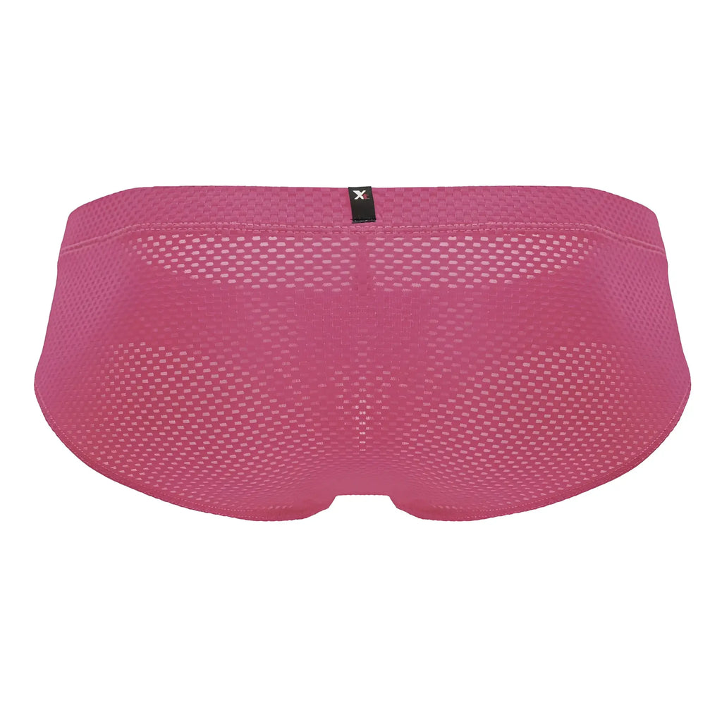 Pink microfiber mesh briefs in fuchsia with a black Xtremen brand tag at the waistband shown from the front
