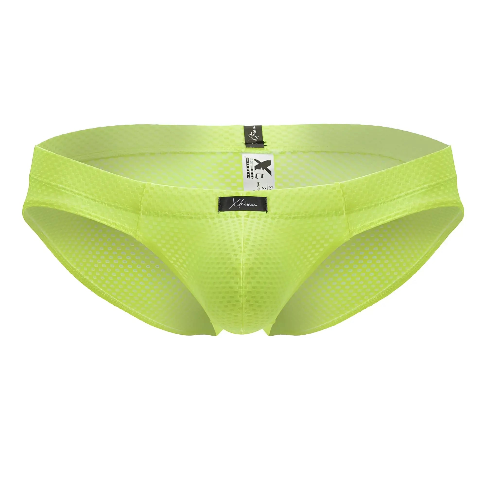 Xtremen 91227 microfiber briefs in neon green featuring bright lime green mesh with a sleek form-fitting design and black tags
