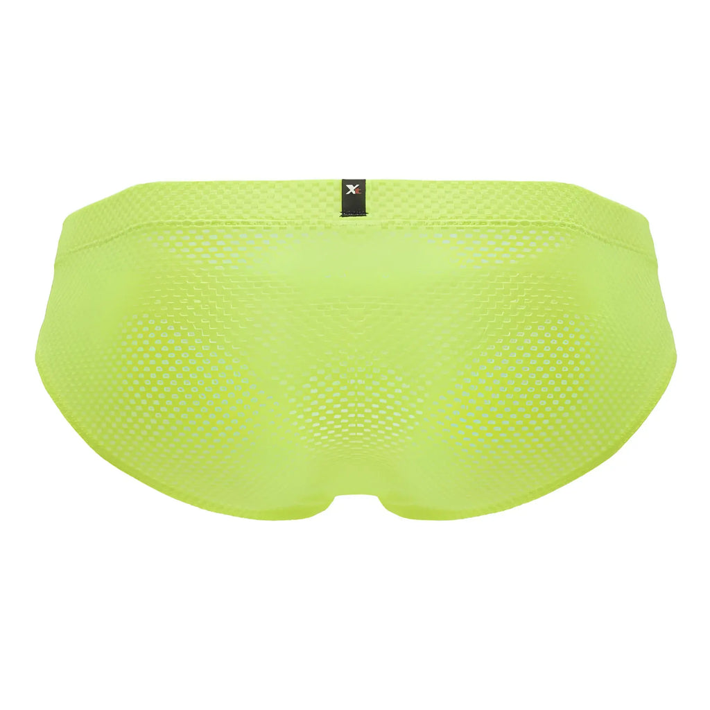 Bright lime green xtremen 91227 microfiber mesh swim trunks with black brand tag at waistband