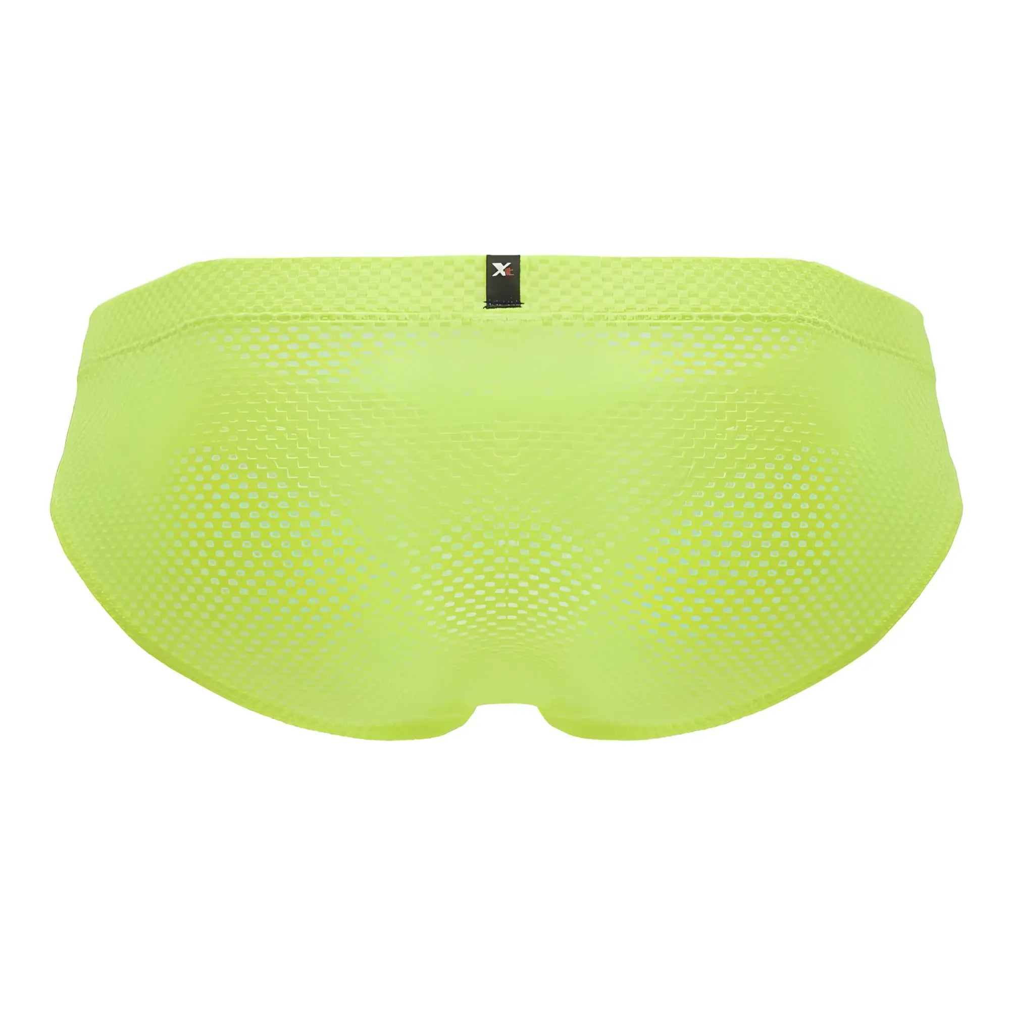 Bright lime green xtremen 91227 microfiber mesh swim trunks with black brand tag at waistband