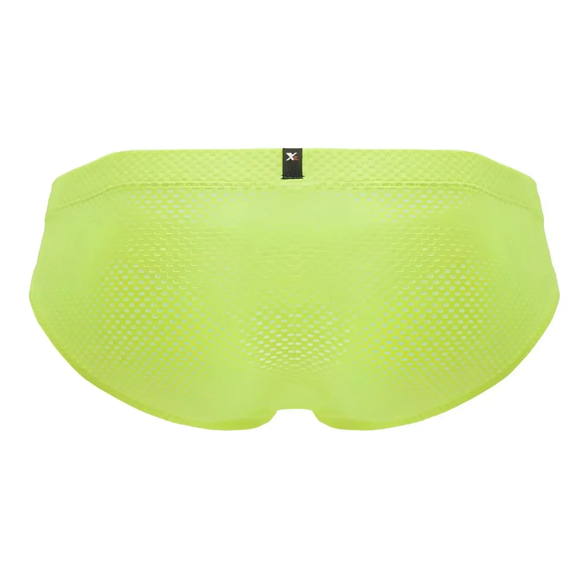 Bright lime green xtremen 91227 microfiber mesh swim trunks with black brand tag at waistband