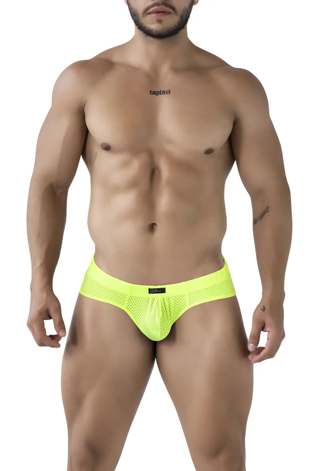 Xtremen 91227 microfiber briefs in bright neon yellow mesh with a black brand tag on the waistband