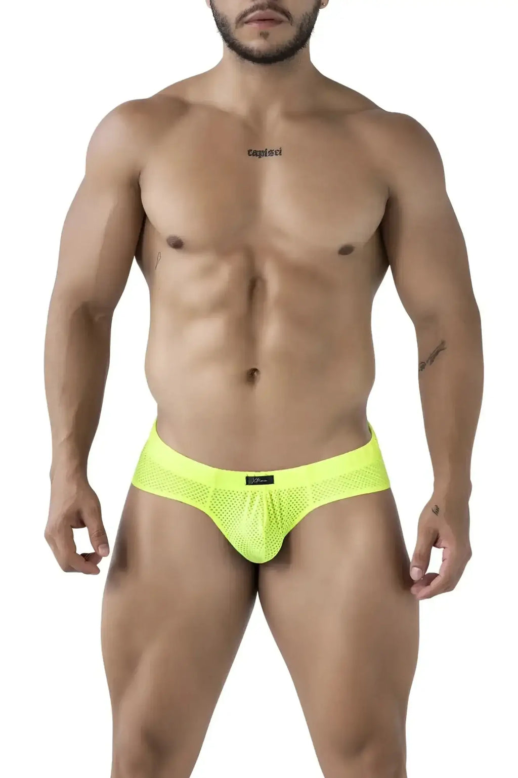 Xtremen 91227 microfiber briefs in bright neon yellow mesh with a black brand tag on the waistband