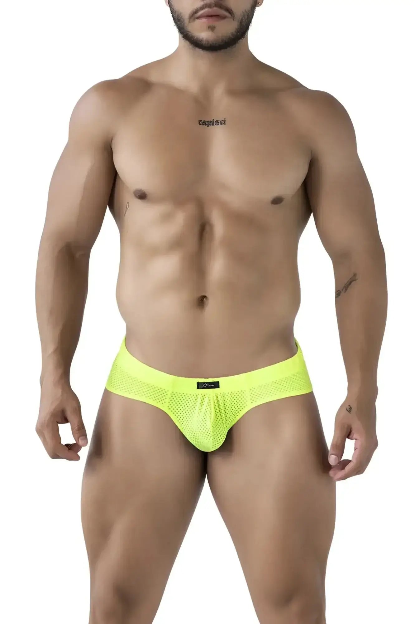 Xtremen 91227 microfiber briefs in bright neon yellow mesh with a black brand tag on the waistband