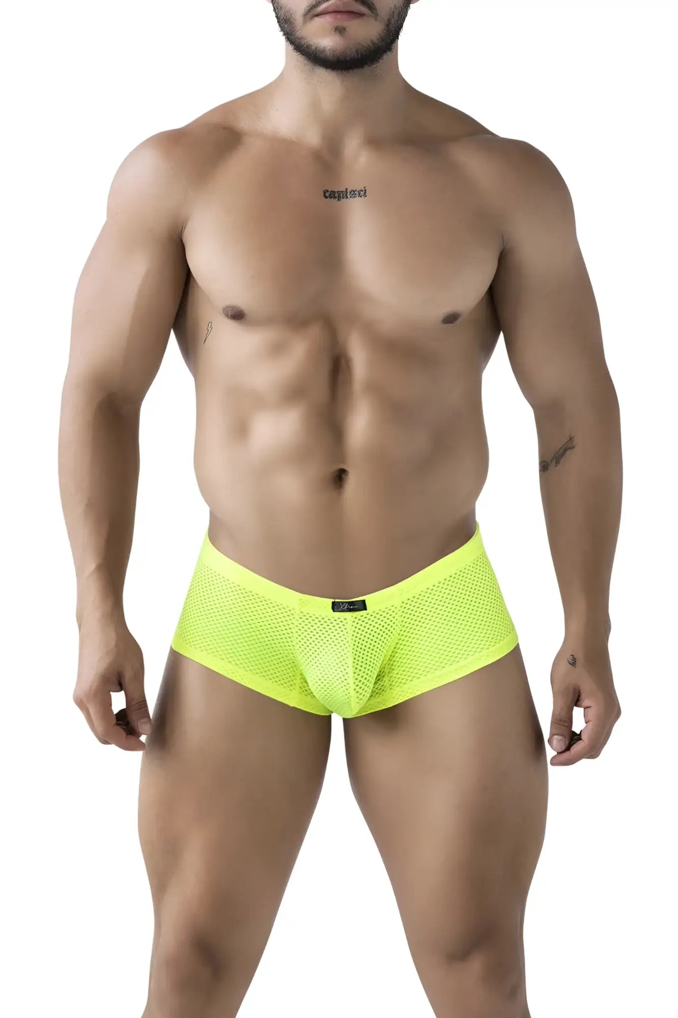 Xtremen 91228 microfiber trunks in bright neon green with sleek, form-fitting neon yellow mesh brief design