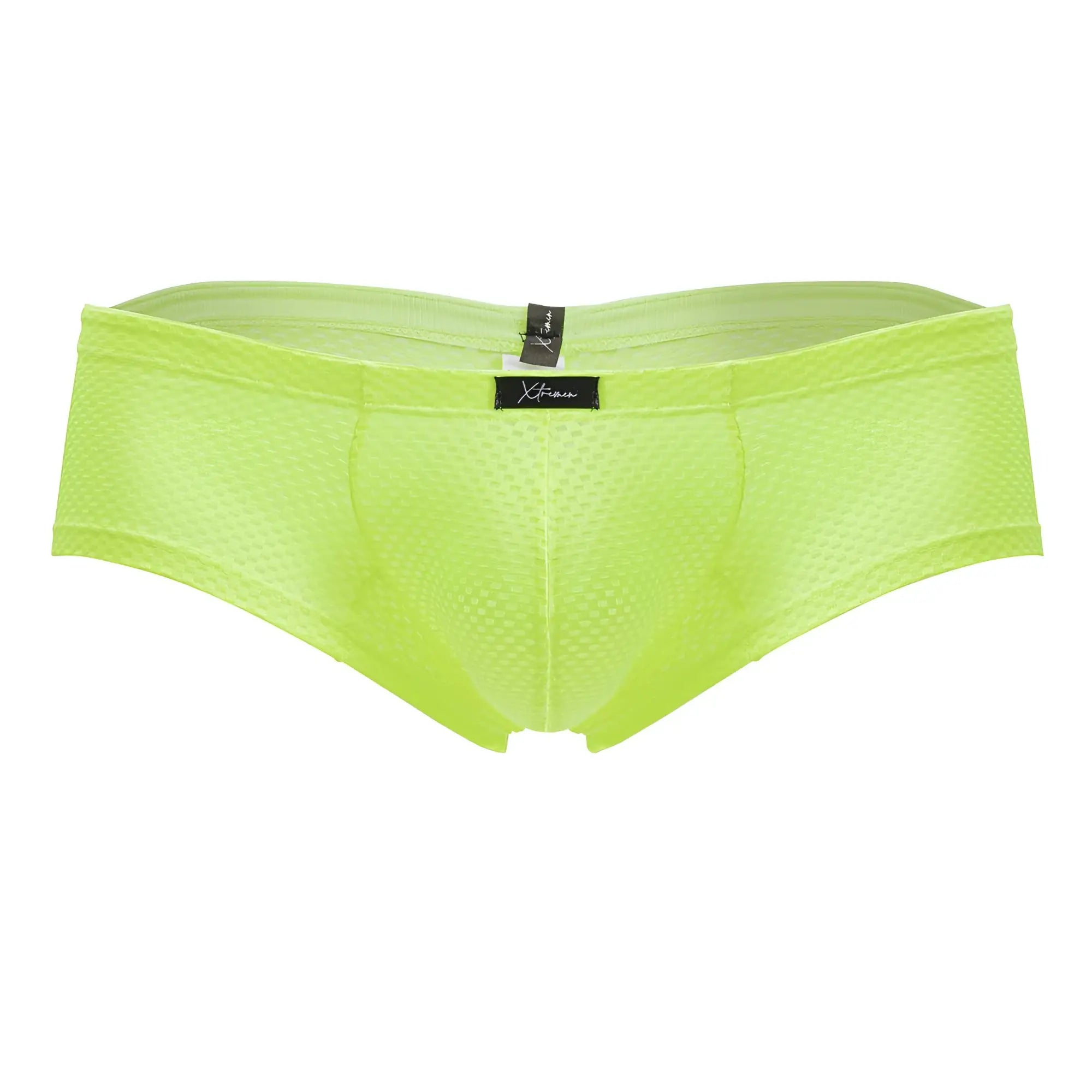 Lime green xtremen 91228 microfiber trunks with sleek mesh briefs and black brand tag at the waistband