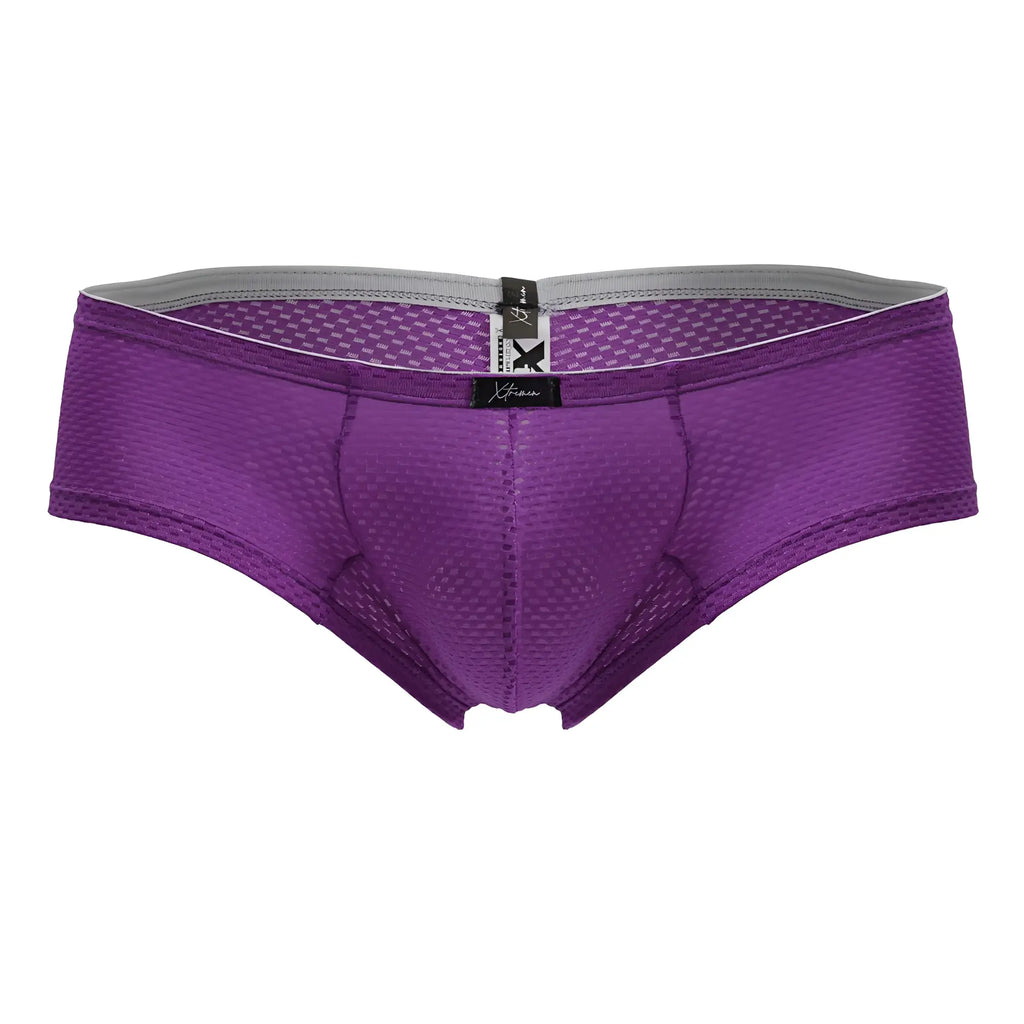 Xtremen 91228 microfiber purple trunks with gray waistband and black brand tag in purple mesh briefs style