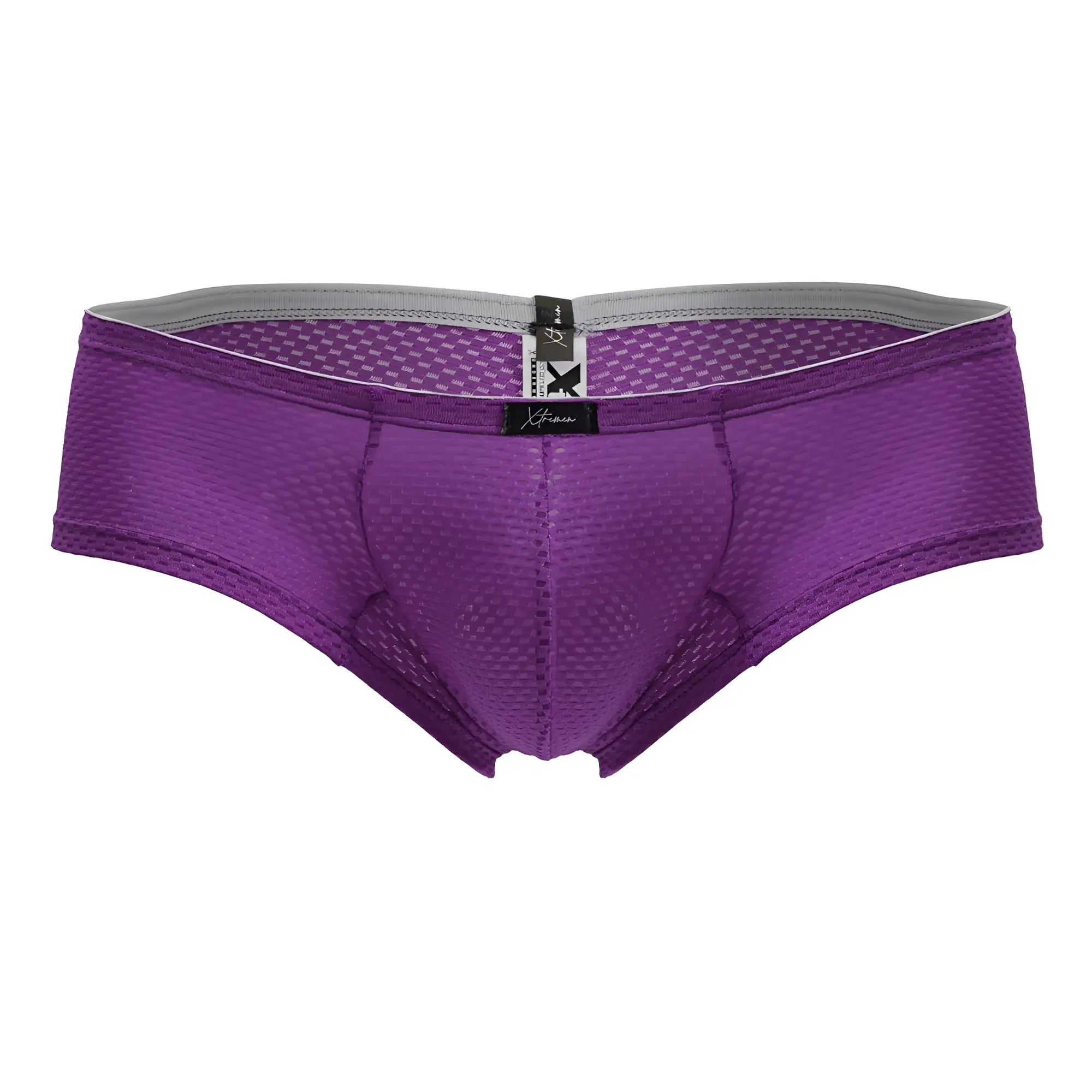 Xtremen 91228 microfiber purple trunks with gray waistband and black brand tag in purple mesh briefs style